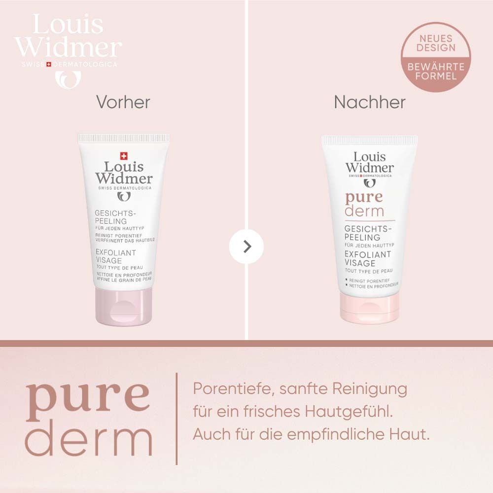 Comparaison de deux tubes. Gauche: ancien, droite: nouveau. Texte: Nouveau design, Formule éprouvée. Texte: pure derm, nettoyage doux.