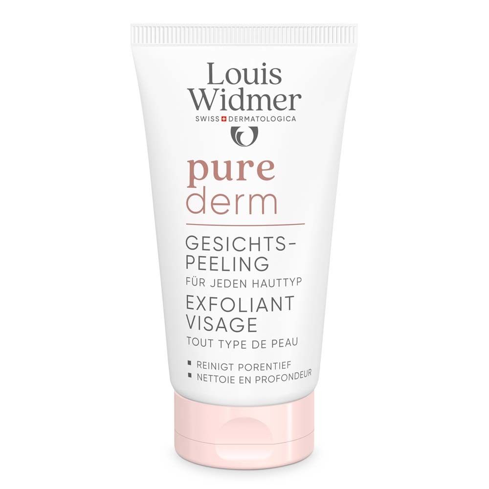 Tube blanche Louis Widmer purederm. Bouchon rose. Texte: pure derm, Gesichtspeeling, Exfoliant Visage, pour tous types de peau.