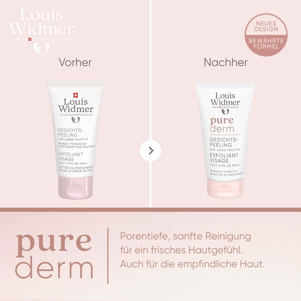 Comparaison avant-après. Louis Widmer purederm. Texte: Nouveau design, formule éprouvée. Nettoyage doux pour une peau fraîche.