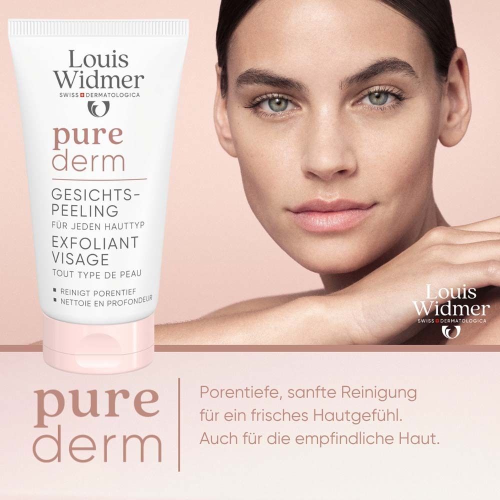 Femme avec visage. Louis Widmer purederm. Texte: pure derm, Gesichtspeeling, Exfoliant Visage, pour tous types de peau.