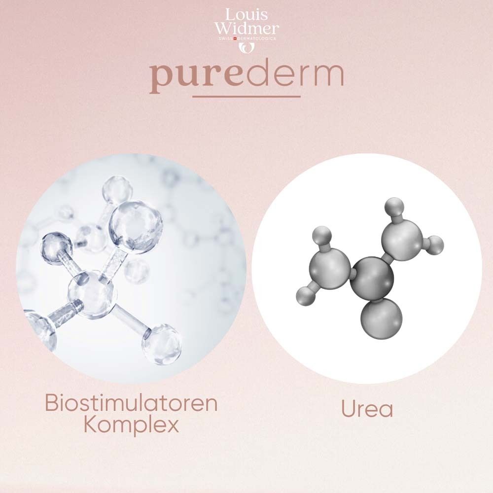 Représentation graphique de molécules. Texte: Complexe biostimulateurs, Urée. Logo: pure derm.