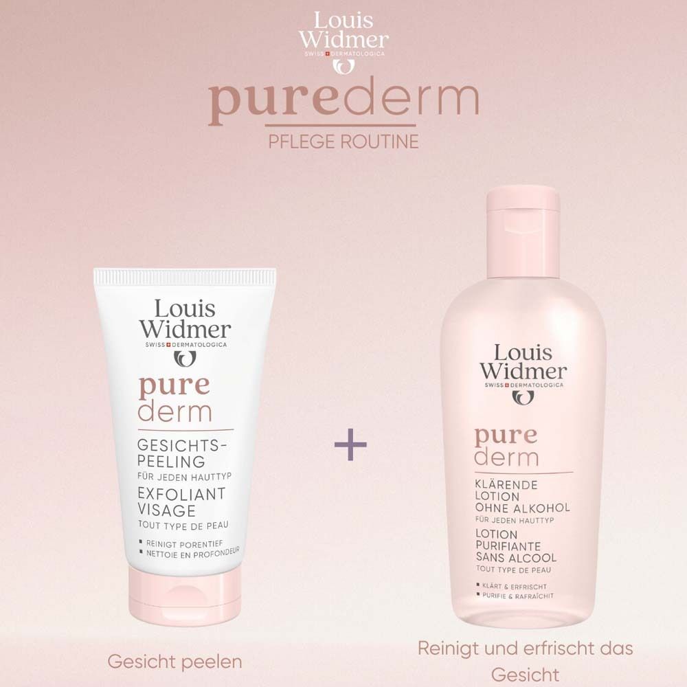 Louis Widmer purederm gommage et lotion. Texte: Exfolier le visage, nettoie et rafraîchit le visage. Logo: pure derm.