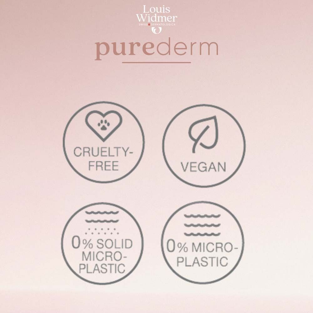 Symboles: Sans cruauté, Vegan, 0% microplastiques, 0% microplastiques solides. Logo: pure derm.