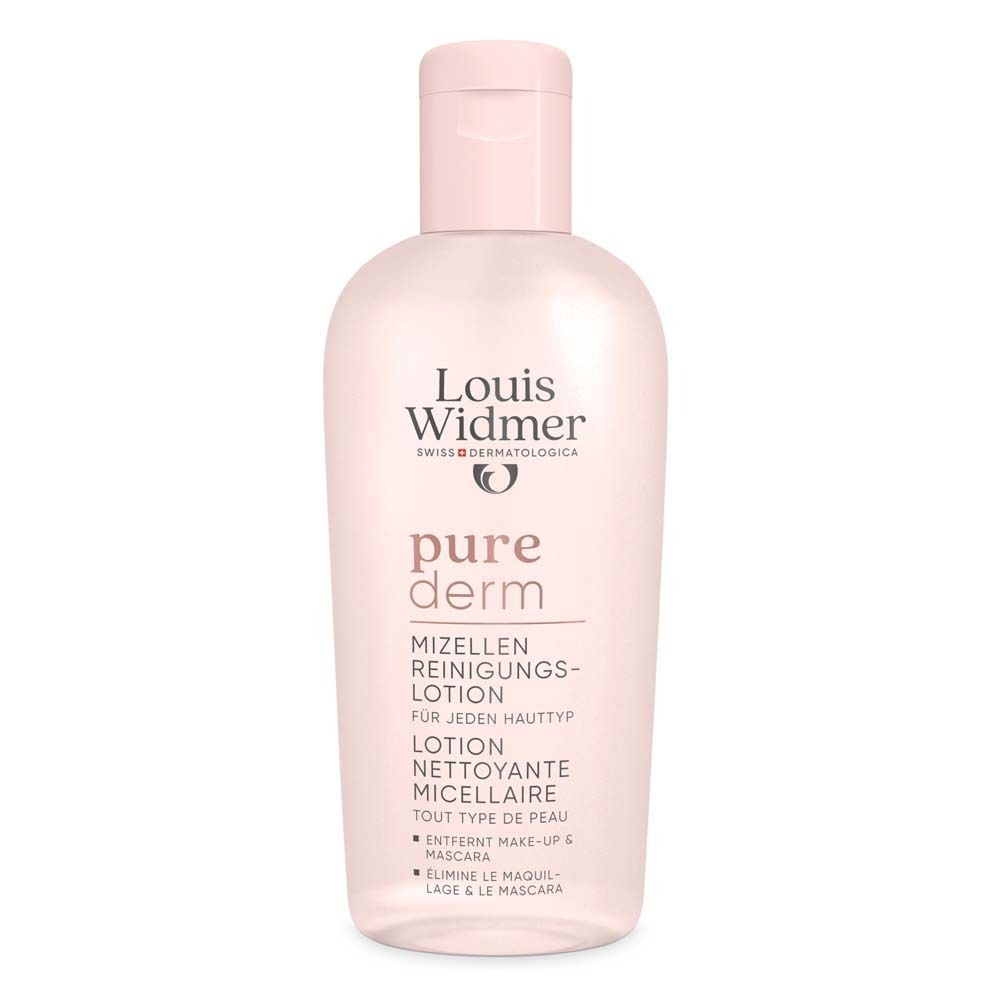 Flacon rose à bouchon rabattable. Inscription: Louis Widmer, pure derm, Lotion nettoyante micellaire.