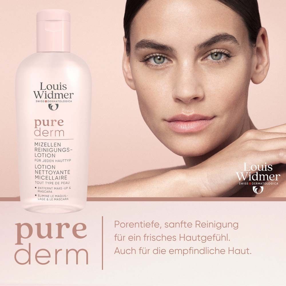 Femme avec produit. Flacon rose à bouchon rabattable. Inscription: Louis Widmer, pure derm, Lotion nettoyante micellaire.