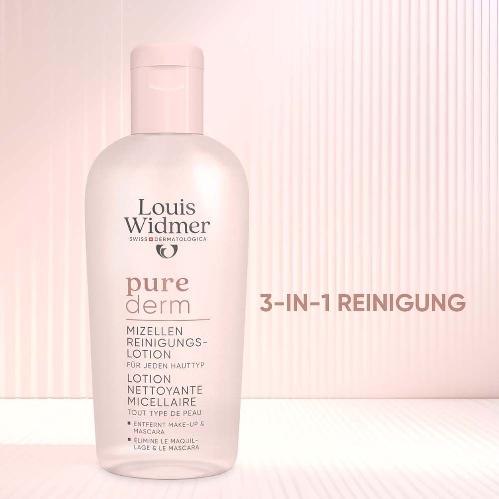 Flacon rose à bouchon rabattable. Inscription: Louis Widmer, pure derm, Lotion nettoyante micellaire. Nettoyage 3-en-1.