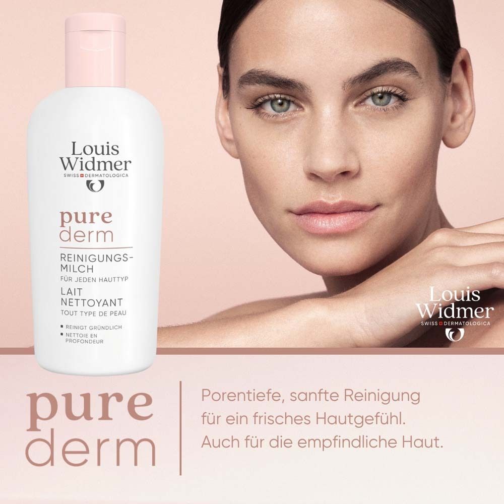 Femme avec flacon. Inscription: Louis Widmer, pure derm, Lait nettoyant.