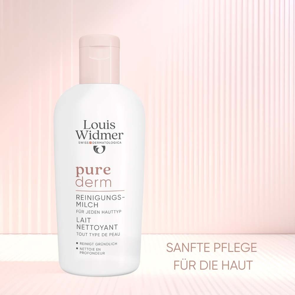 Flacon. Texte: Louis Widmer, pure derm, Lait nettoyant. Soin doux.