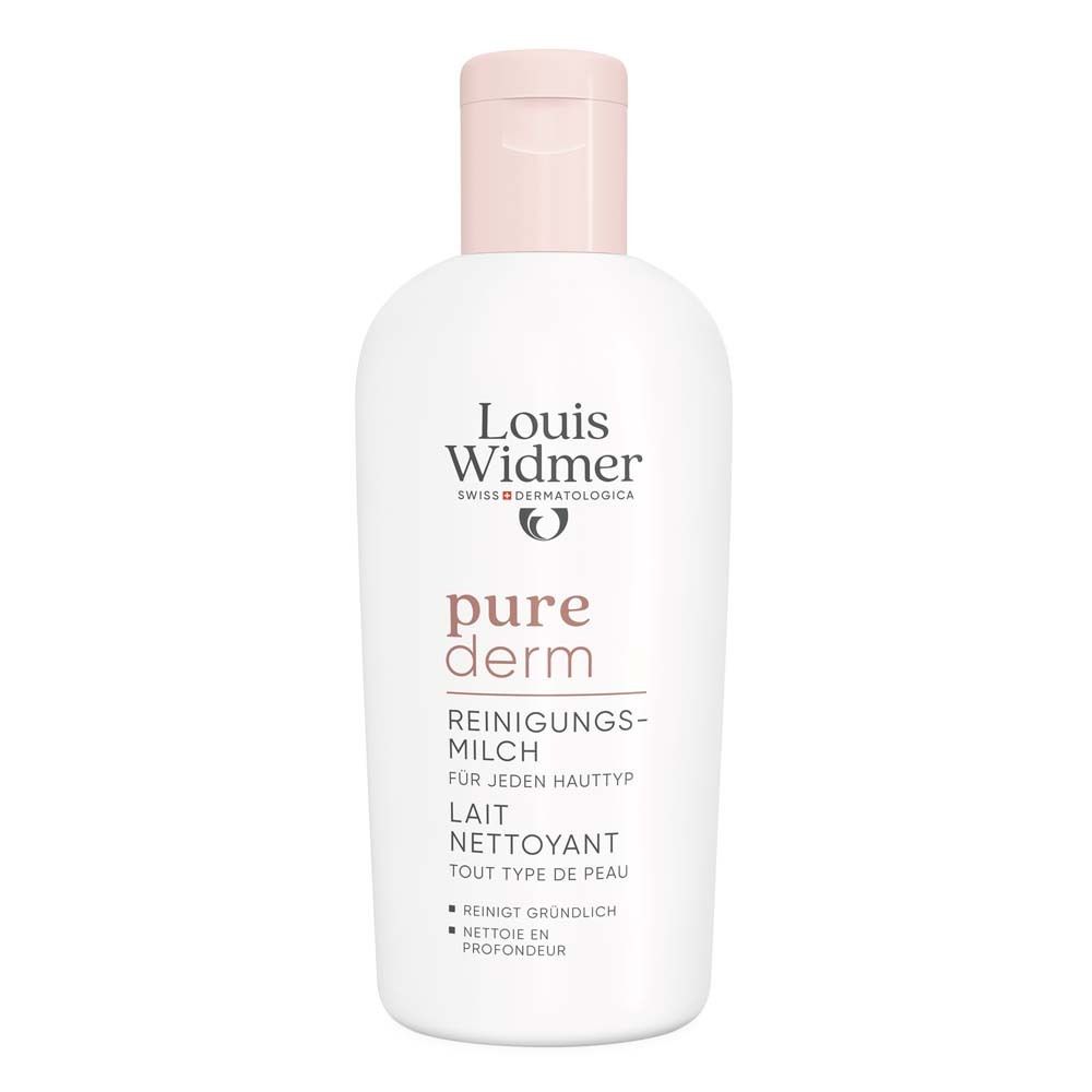 Flacon blanc avec bouchon rose. Inscription: Louis Widmer, pure derm, lait nettoyant, tout type de peau.
