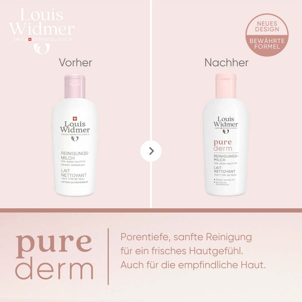 Emballage rose. Inscription: Louis Widmer, pure derm, lait nettoyant, 0% parfum. Contient Panthénol & Vitamine E.
