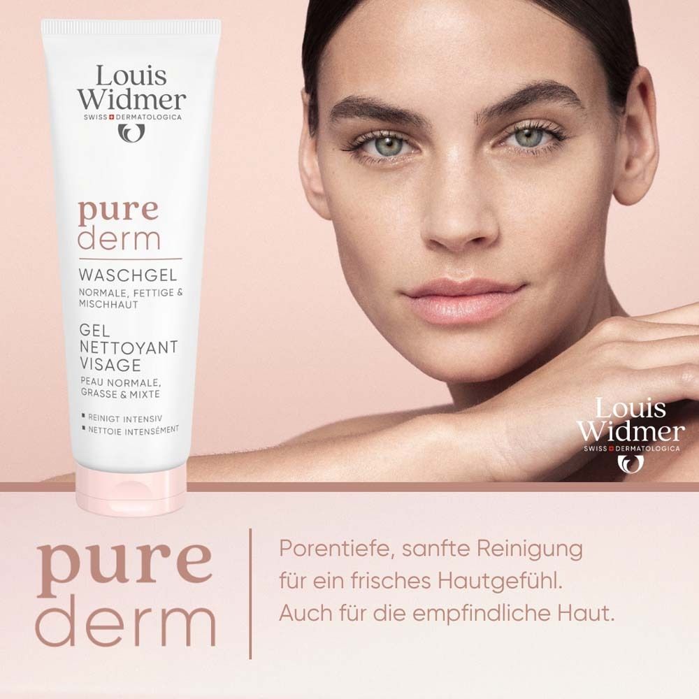 Tube de gel nettoyant Louis Widmer pure derm avec inscription.