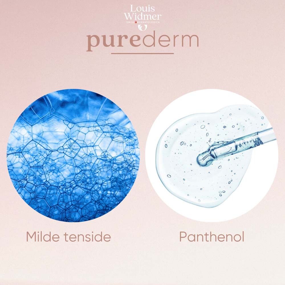 Gros plan de bulles bleues et d'une pipette avec un liquide clair, étiqueté 'Milde tenside' et 'Panthenol'.