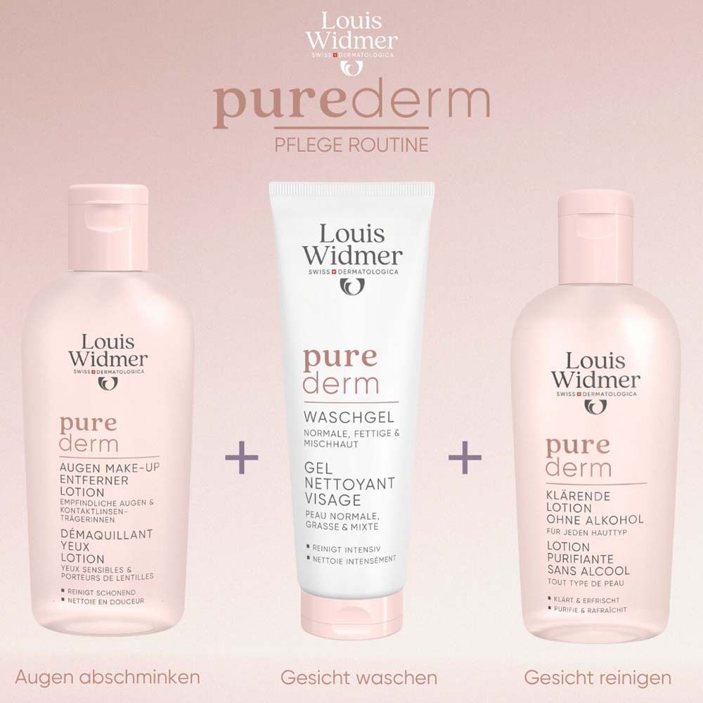 Louis Widmer pure derm Lotion démaquillante pour les yeux, gel nettoyant et lotion purifiante.