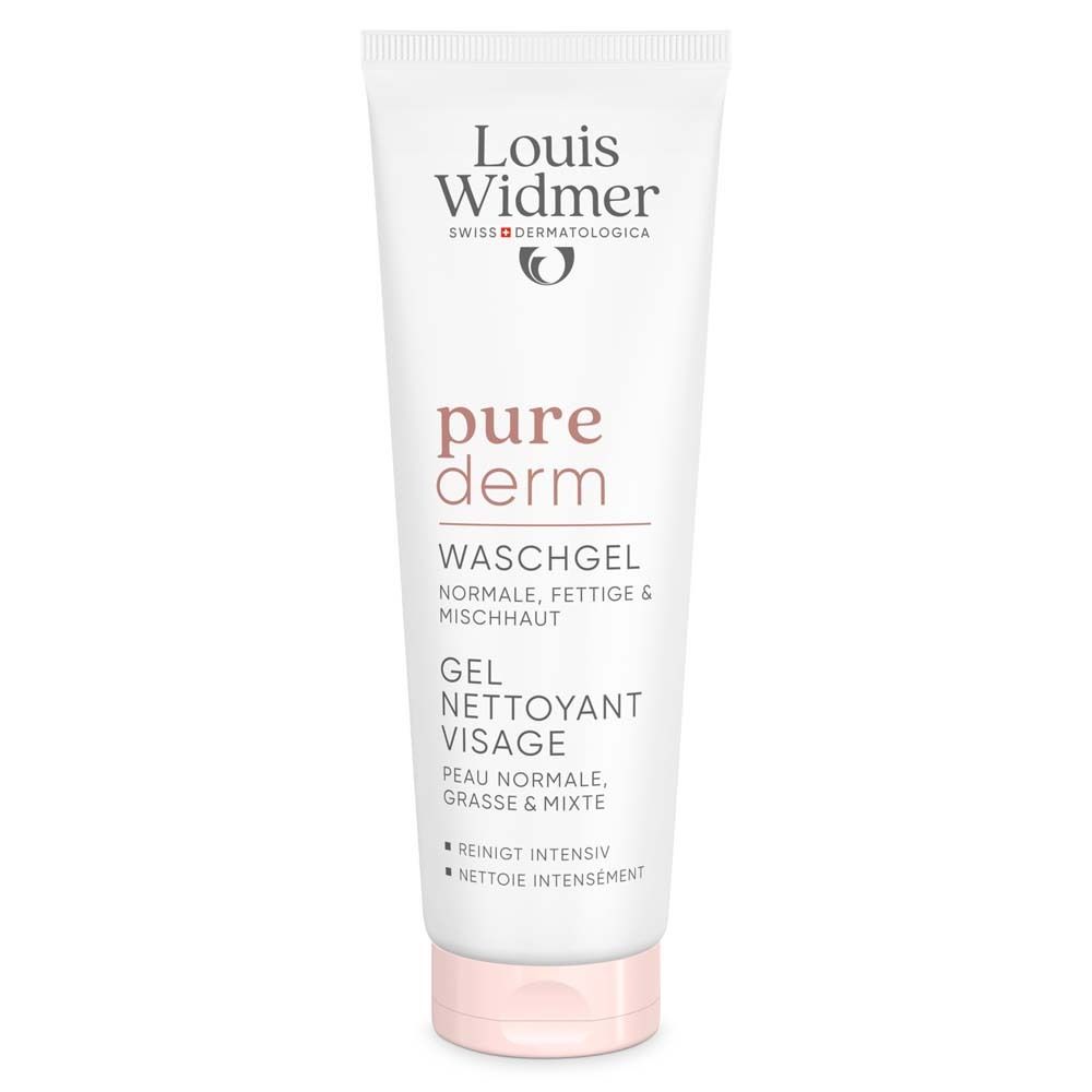 Tube blanche et bouchon rose. Inscription: Louis Widmer, pure derm Gel nettoyant visage, peaux normales, mixtes.