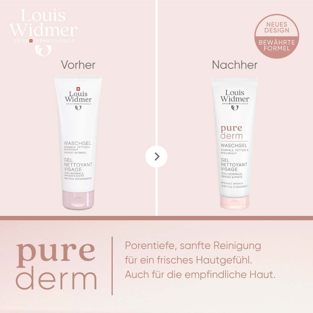 Comparaison avant-après. À gauche: tube. À droite: tube. Texte: Nouveau design, formule éprouvée. Texte: pure derm.