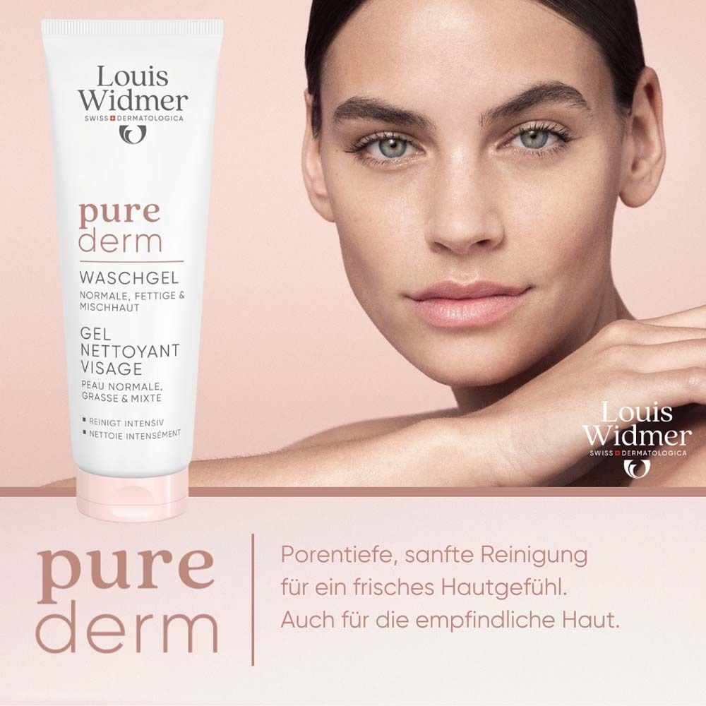 Femme avec visage. À côté: tube. Texte: pure derm. Texte: Nettoyage doux et en profondeur pour une peau fraîche.