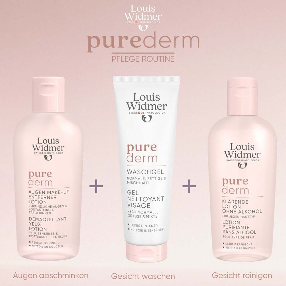 Trois produits: démaquillant yeux, gel lavant, lotion clarifiante. Texte: Démaquiller les yeux, laver le visage, nettoyer.