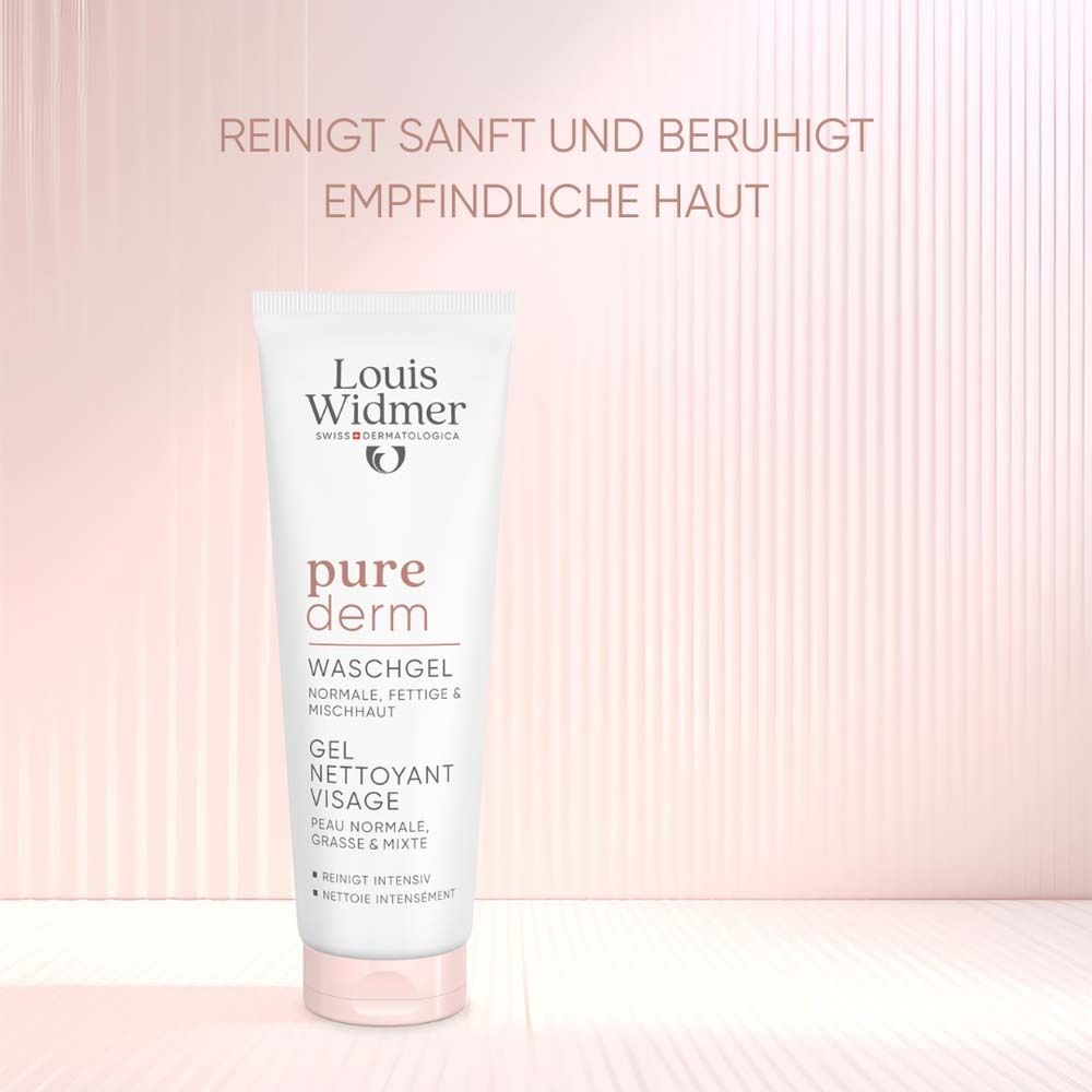 Tube. Texte: Nettoie en douceur et apaise les peaux sensibles. Texte: Louis Widmer, pure derm Gel lavant.