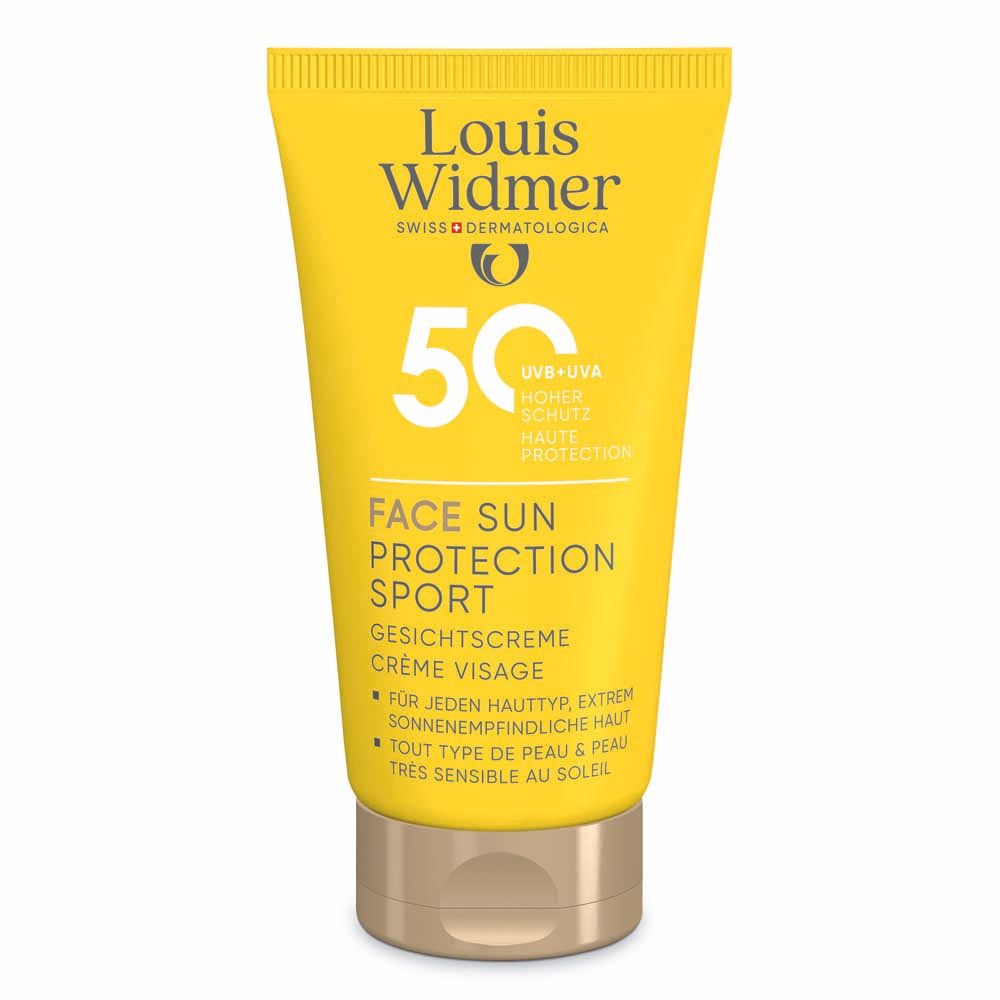 Tube jaune Louis Widmer, 50+ et Face Sun Protection Sport. Protection UVB+UVA. Crème visage.