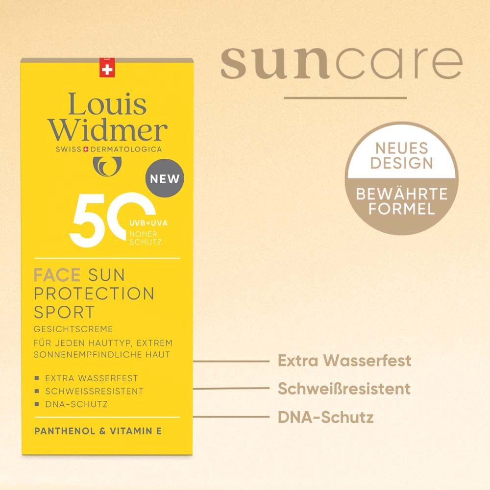 Tube jaune Louis Widmer, 50+ et Face Sun Protection Sport. Nouvelle formule. Extra résistant à l'eau.