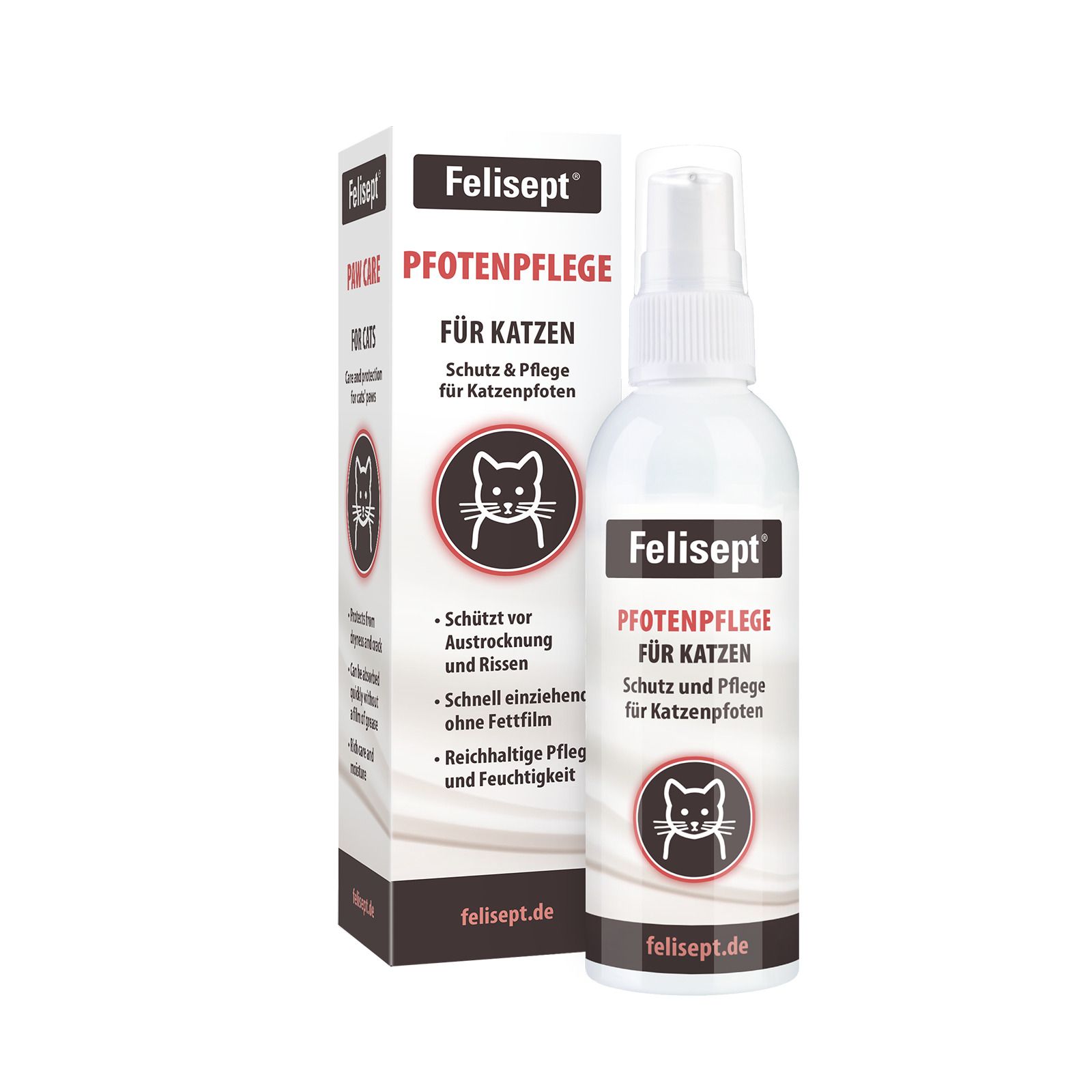 Flacon spray blanc et boîte. Inscription : Felisept Pfotenpflege für Katzen. Protection et soin pour les pattes de chat.