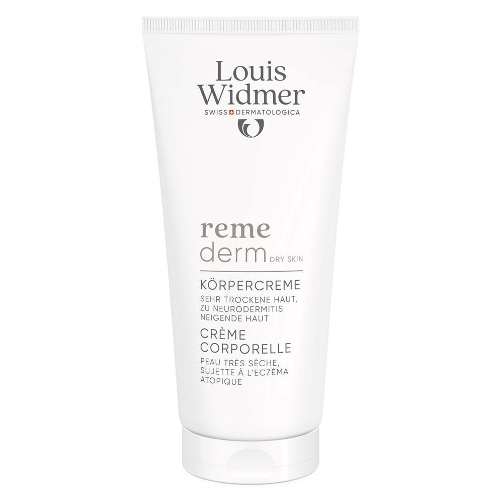 Tube blanc avec logo Louis Widmer et texte. Nom du produit : remederm Crème corporelle. Texte en allemand et français.