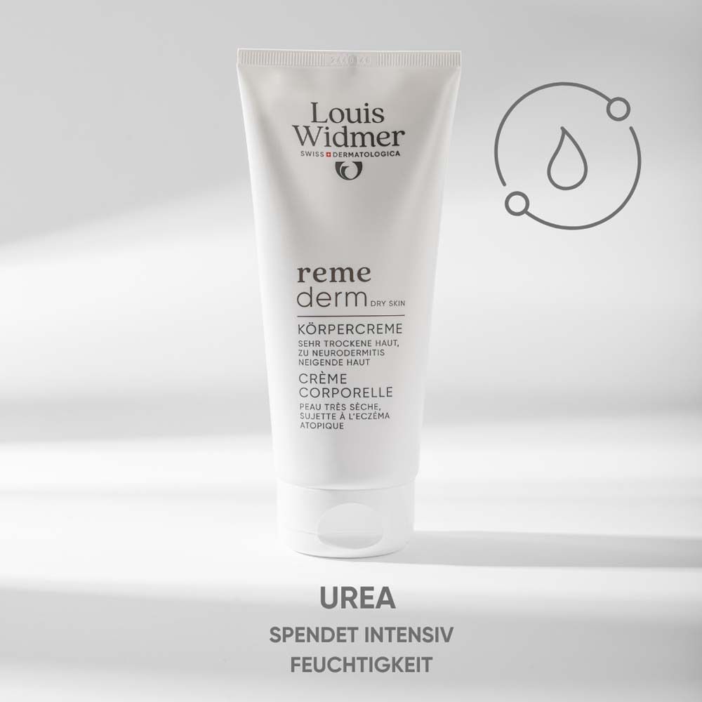 Tube blanc avec logo Louis Widmer et texte. Nom du produit : remederm Crème corporelle. Texte : l'urée hydrate intensément.