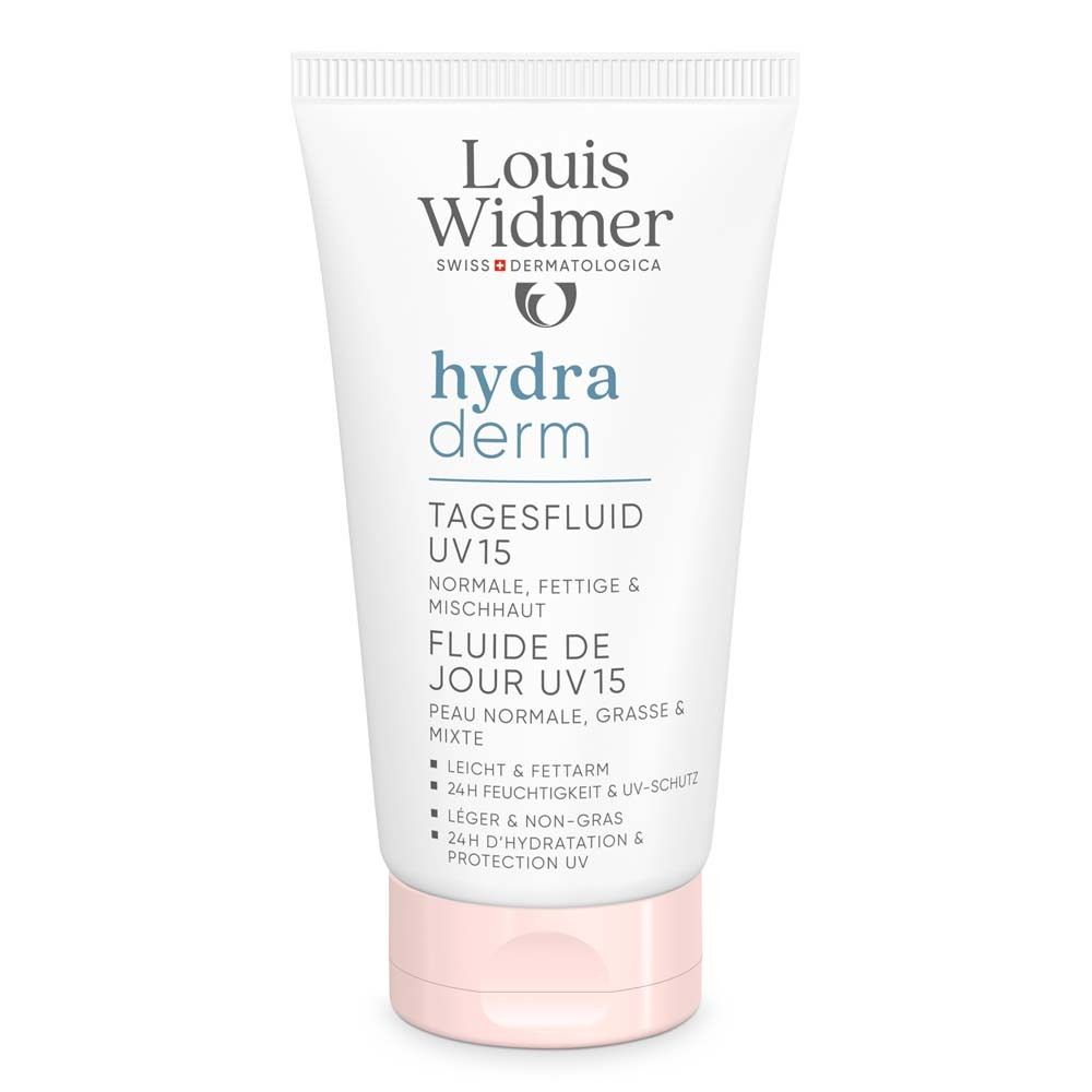 Tube blanche avec bouchon rose. Inscription: Louis Widmer hydra derm Fluide de jour UV15. Pour peaux normales, grasses & mixtes.