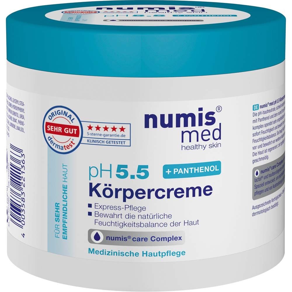 Pot de crème avec couvercle bleu. Inscription : numis med pH 5.5 Körpercreme. Sceau Dermatest.