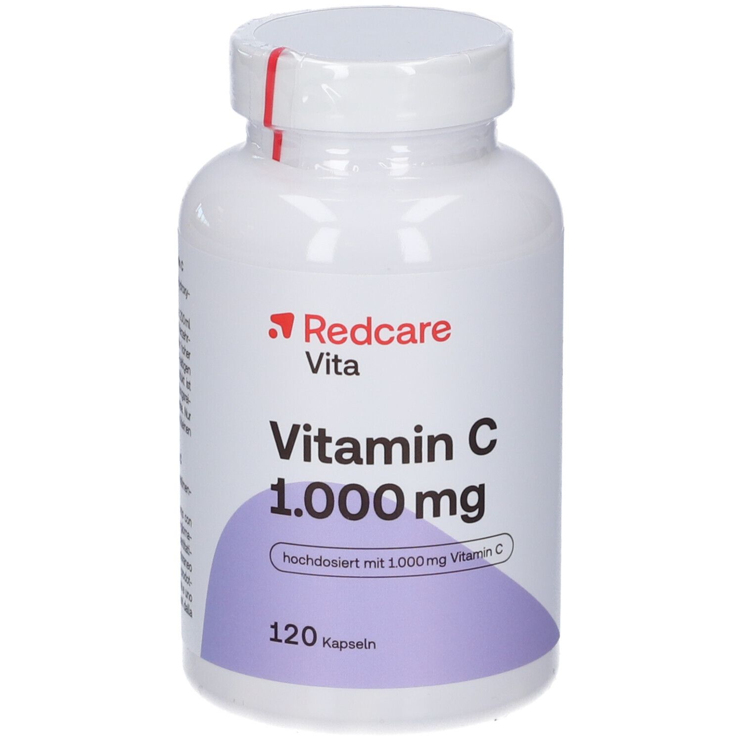 Flacon blanc de vitamine C. Inscription: Redcare Vita, Vitamine C 1.000 mg, 120 gélules.