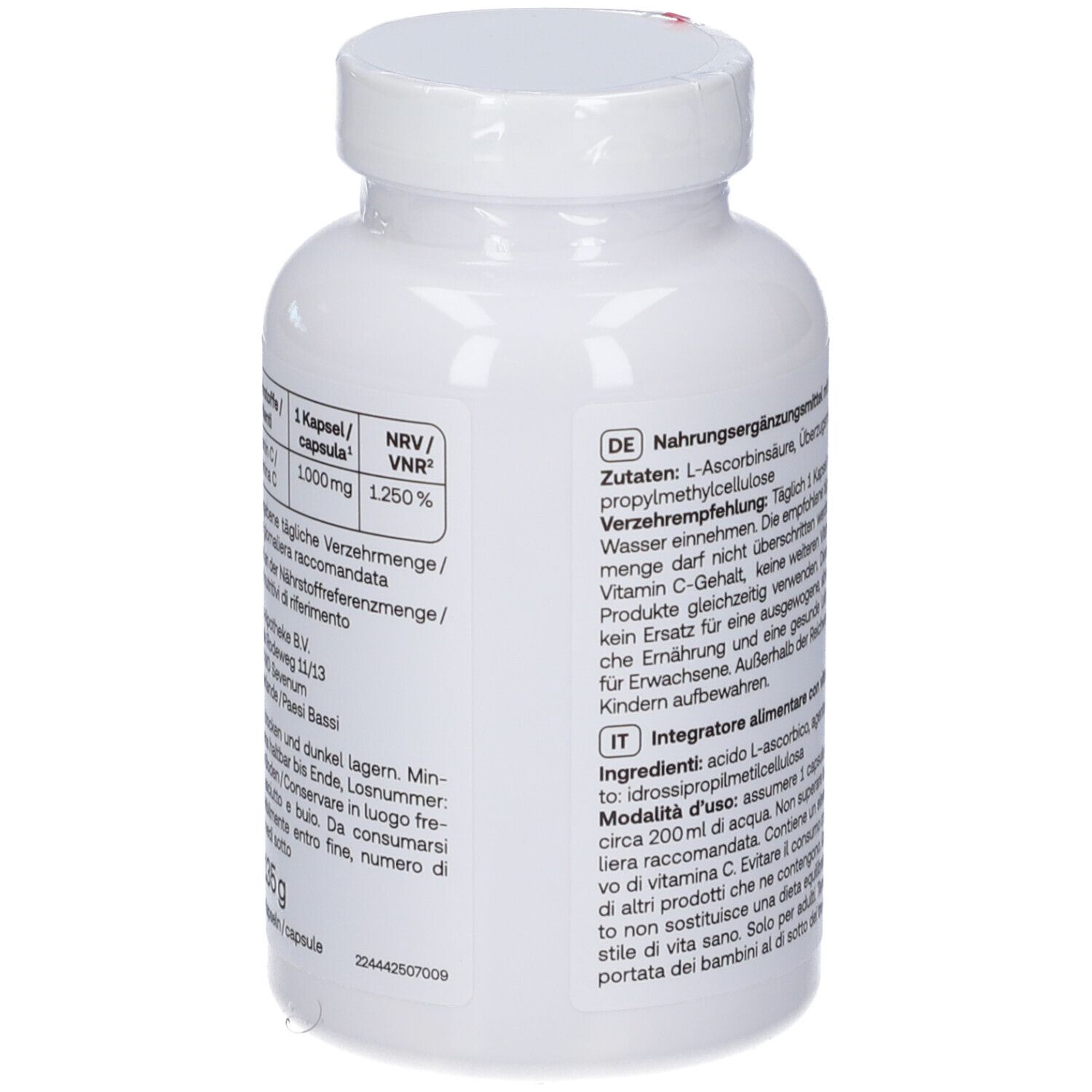 Dos du flacon de vitamine C. Texte en allemand et italien. Ingrédients, dosage, informations.