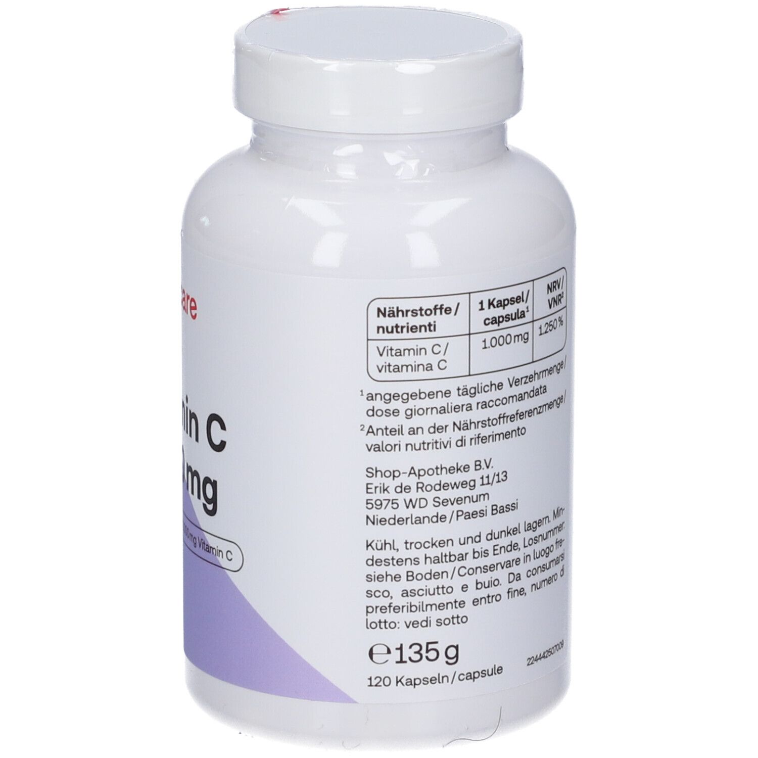 Dos du flacon de vitamine C. Texte en allemand et néerlandais. Ingrédients, dosage, informations.