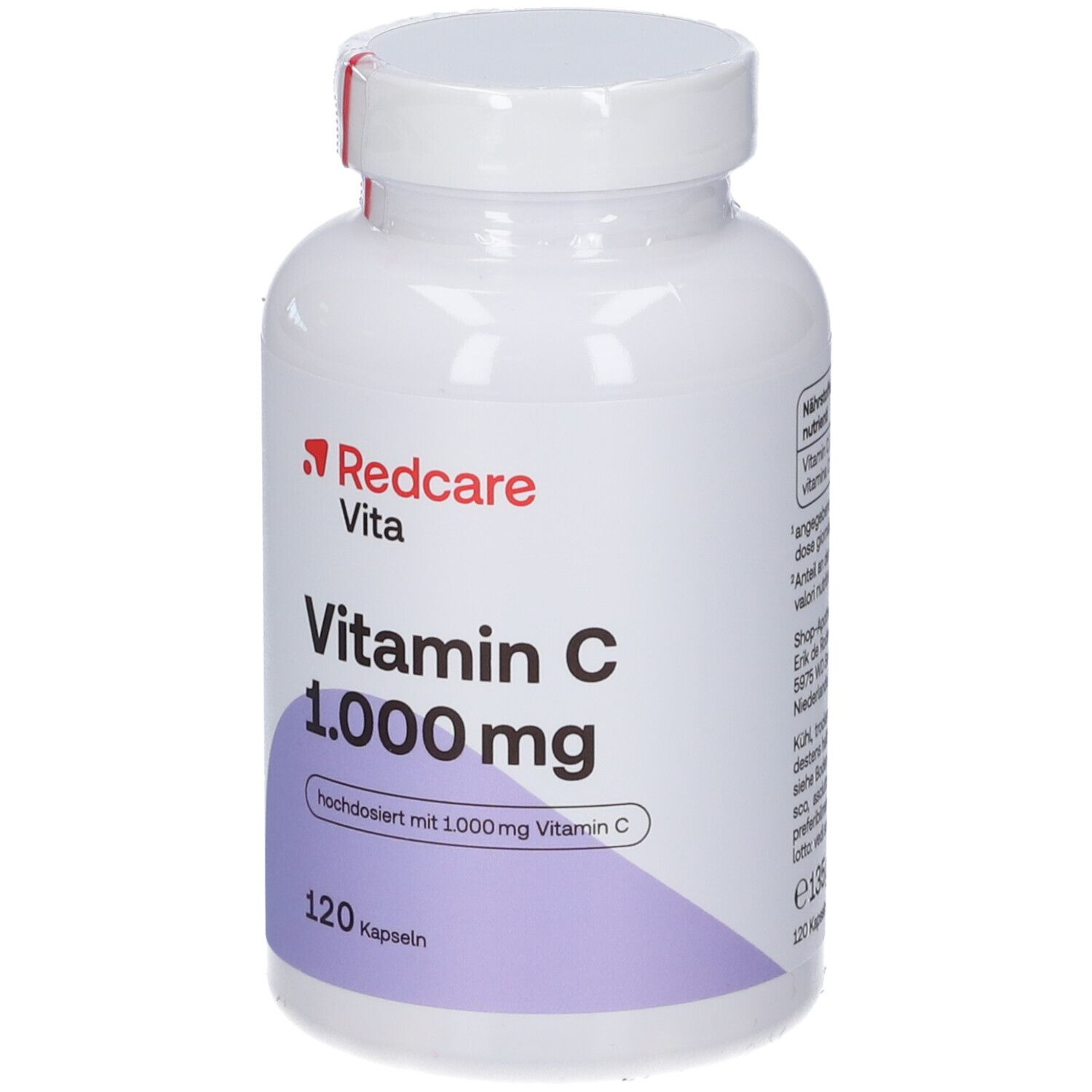 Flacon blanc de vitamine C. Inscription: Redcare Vita, Vitamine C 1.000 mg, 120 gélules.
