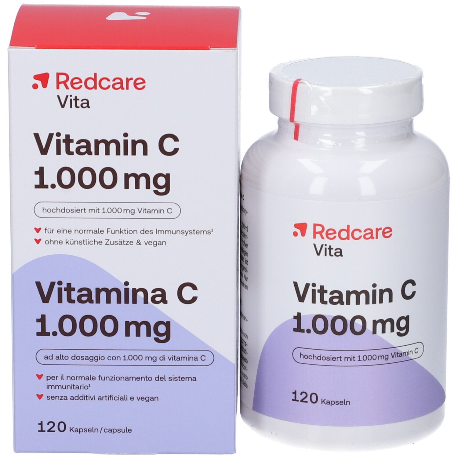 Flacon et boîte de vitamine C. Inscription: Redcare Vita, Vitamine C 1.000 mg, 120 gélules. Vegan.