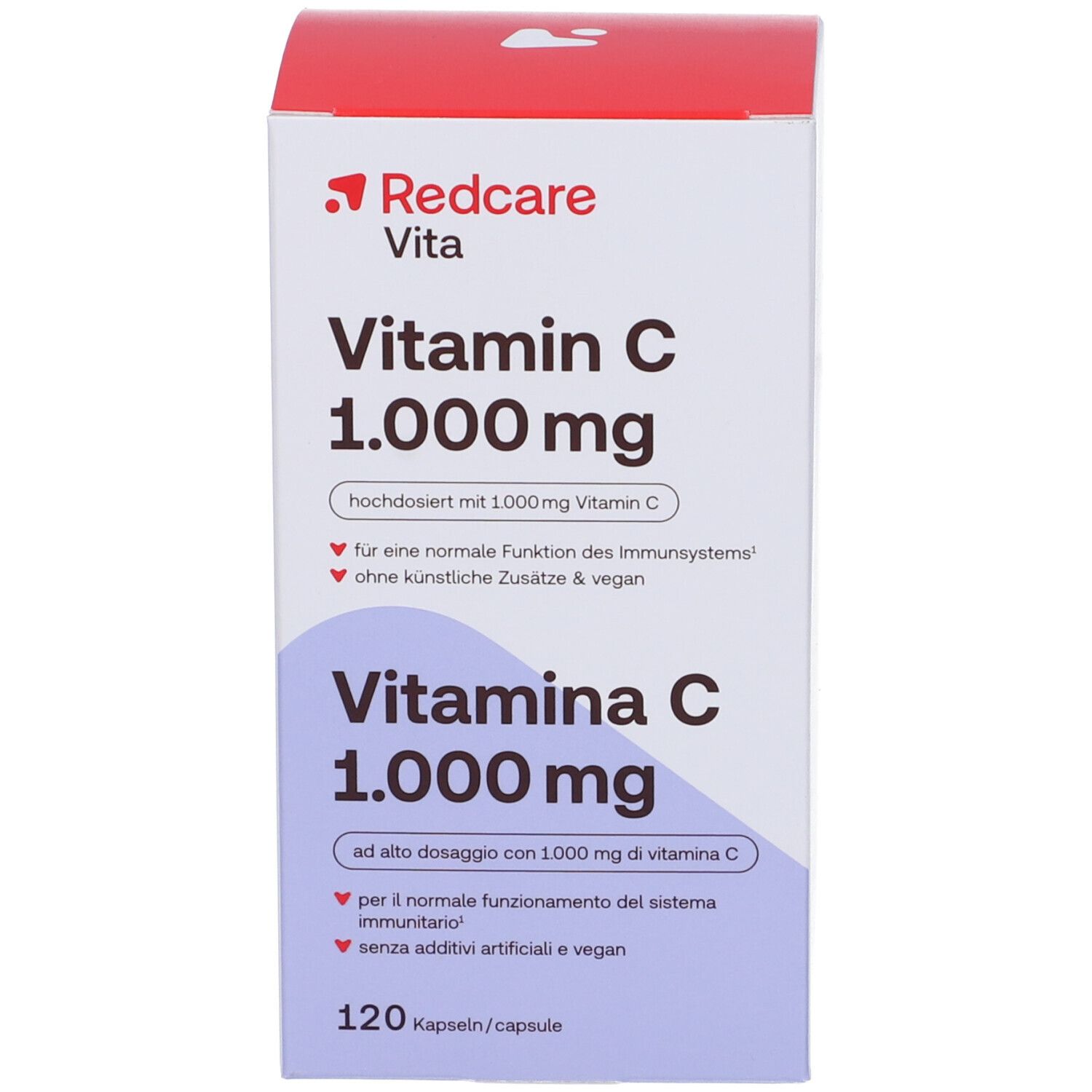 Boîte de vitamine C. Inscription: Redcare Vita, Vitamine C 1.000 mg, 120 gélules. Vegan.
