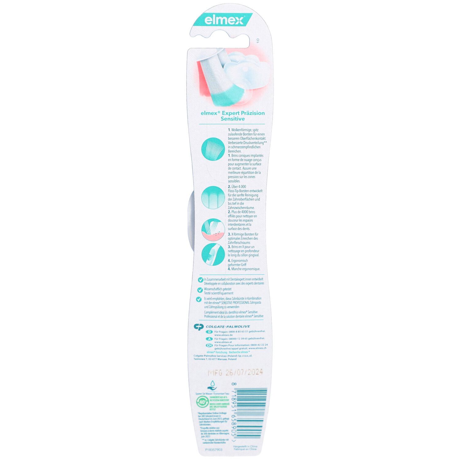 Dos de l'emballage de la brosse à dents. Blanc, avec informations produit et logos. Inscriptions "elmex" et "Expert Präzision".
