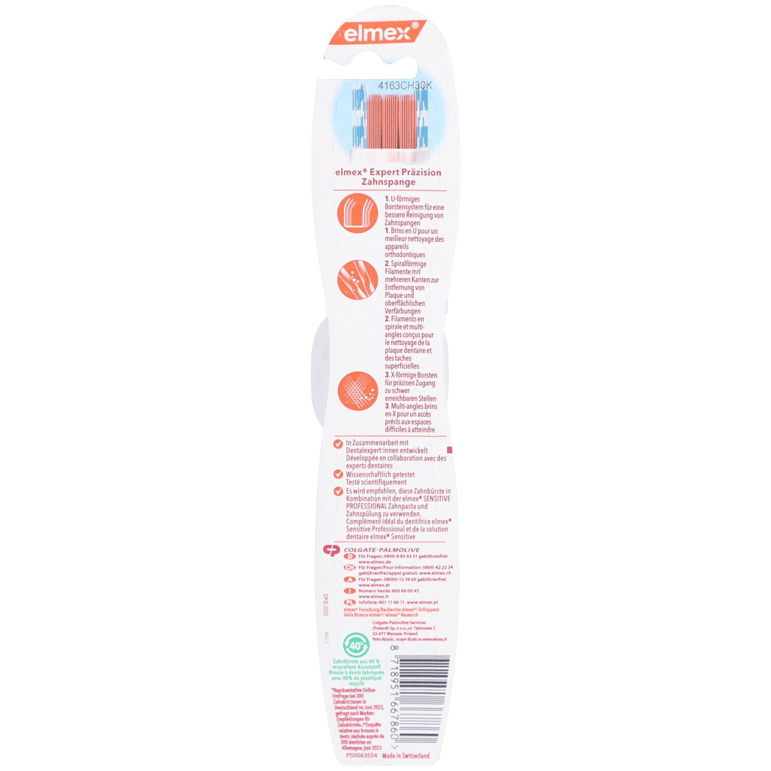 Dos de l'emballage de la brosse à dents. Nom du produit "elmex Expert Präzision Zahnspange". Texte et illustrations.