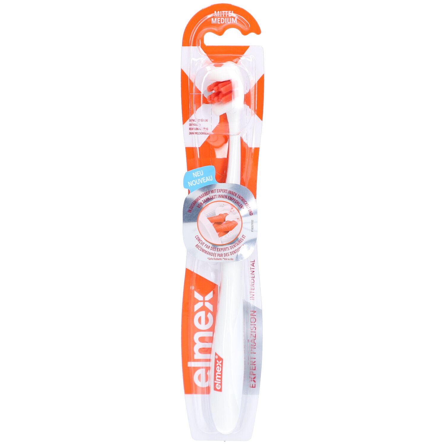 Brosse à dents emballée. Manche blanc, tête rouge. Logo "elmex" visible. Étiquette "NEU NOUVEAU".