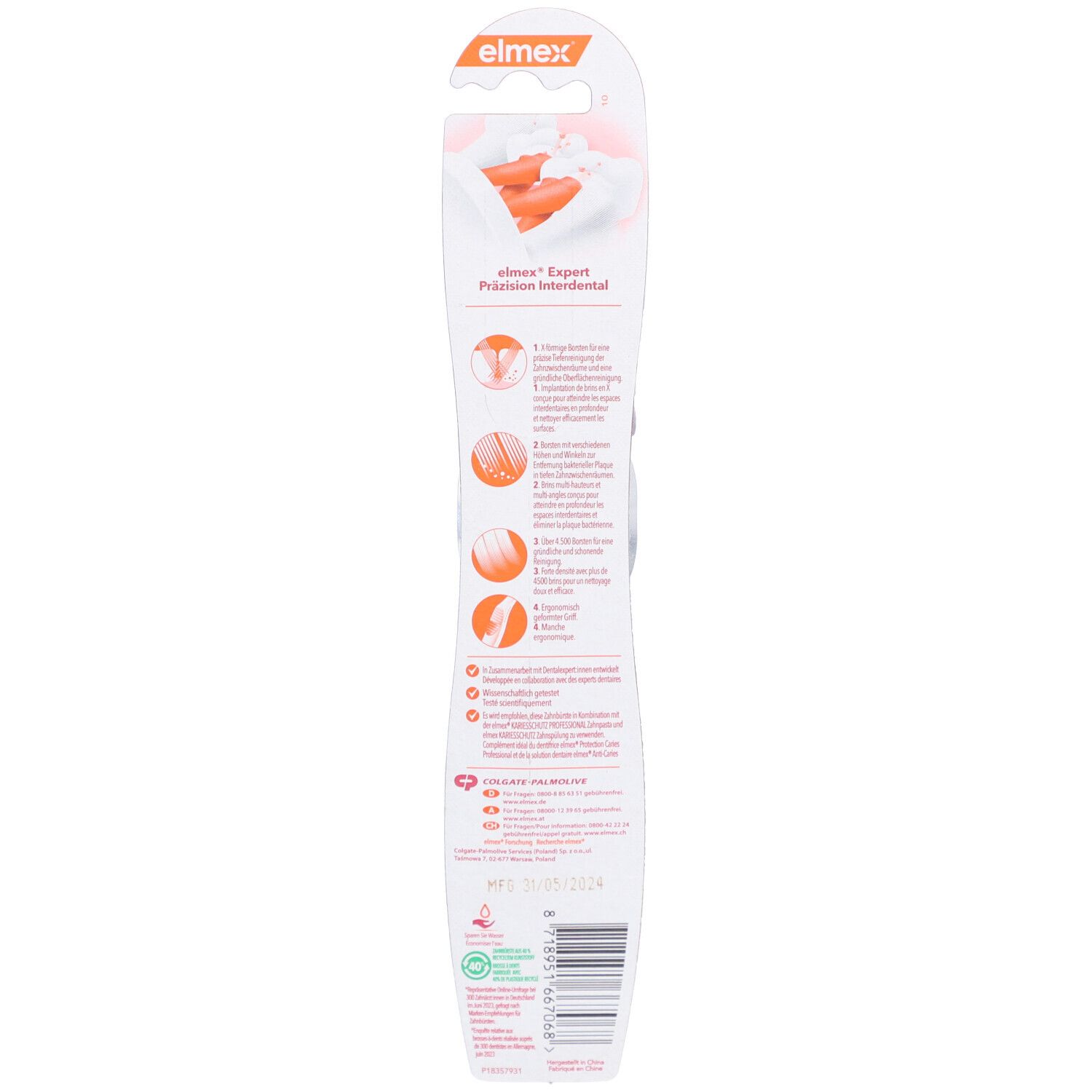 Dos de l'emballage de la brosse à dents. Logo "elmex" et nom du produit. Illustrations et texte. Code-barres en bas.