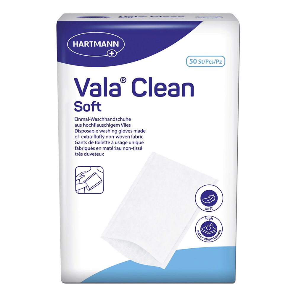 Gants de toilette jetables Hartmann Vala Clean Soft en non-tissé extra doux, 50 pièces.
