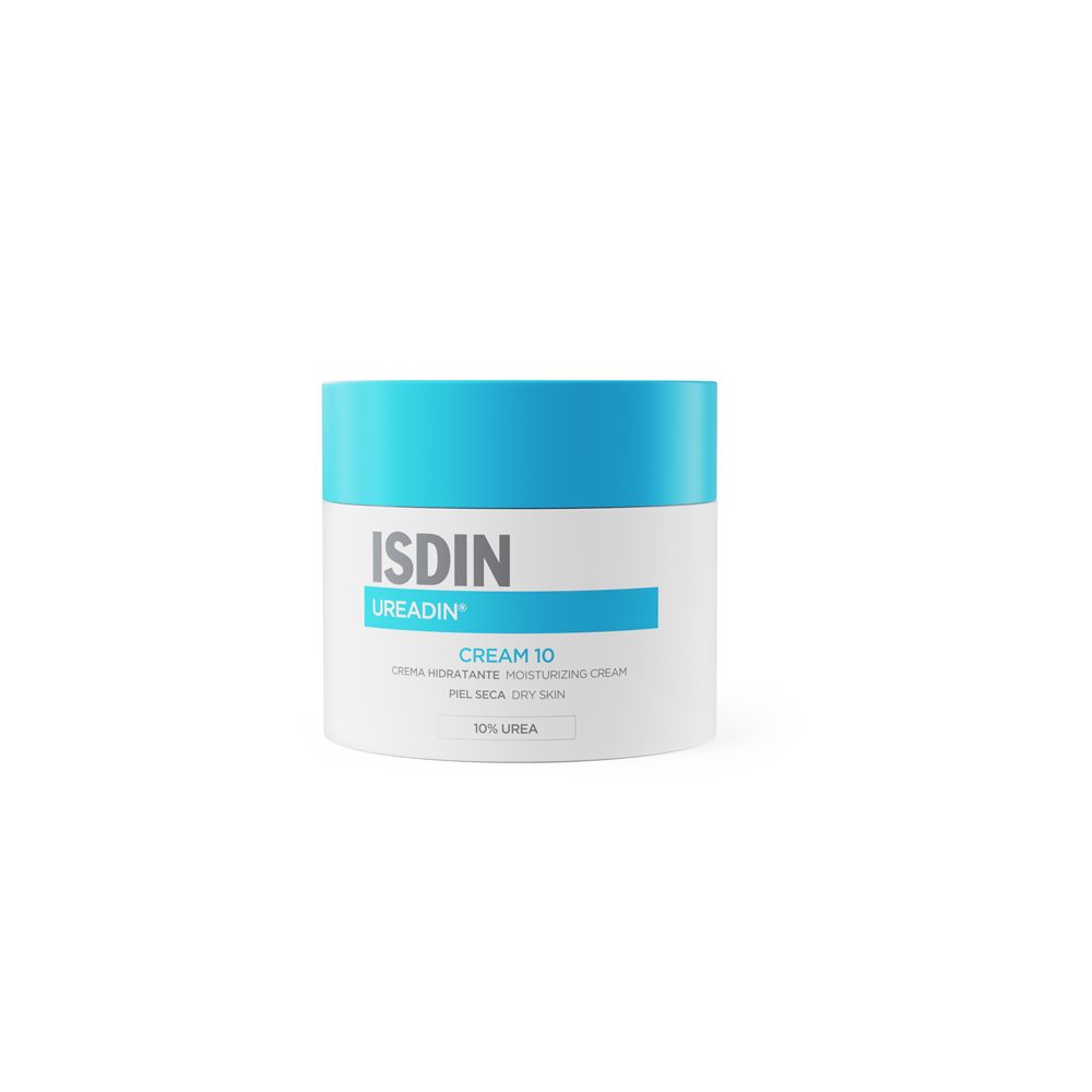 Pot de crème à couvercle bleu. Inscription: ISDIN UREADIN CREAM 10. Pour peau sèche.