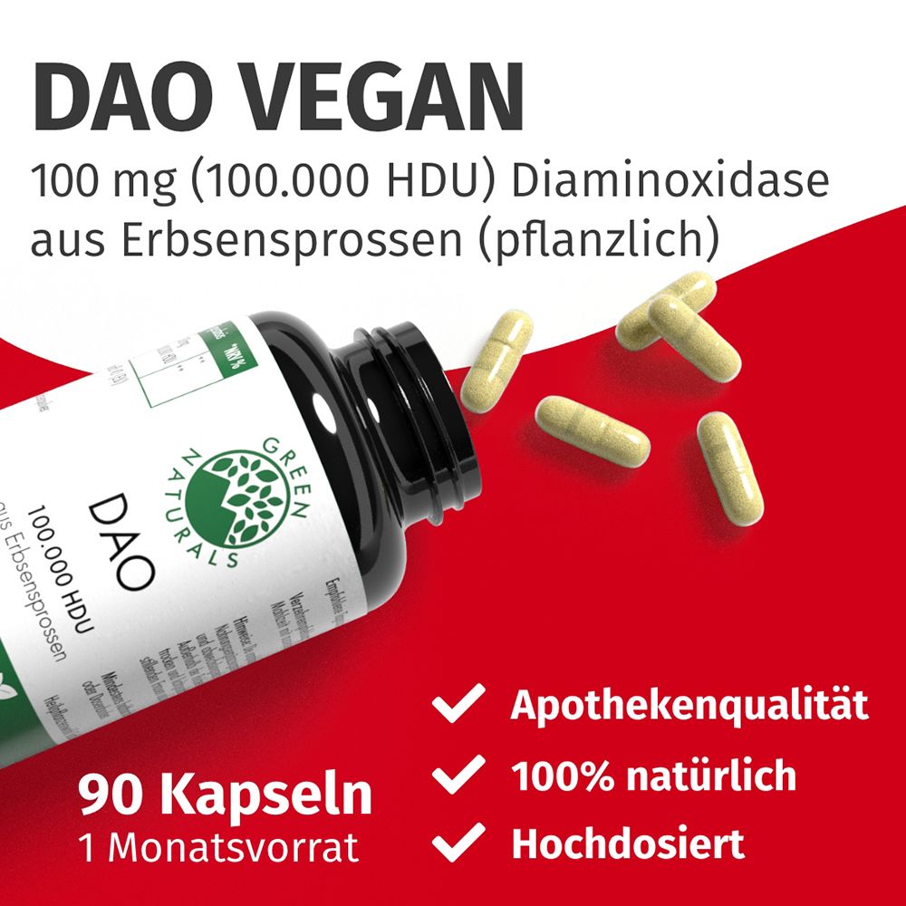 Contenant de capsules Green Naturals DAO avec des capsules tombant, 90 capsules, 100 000 HDU.