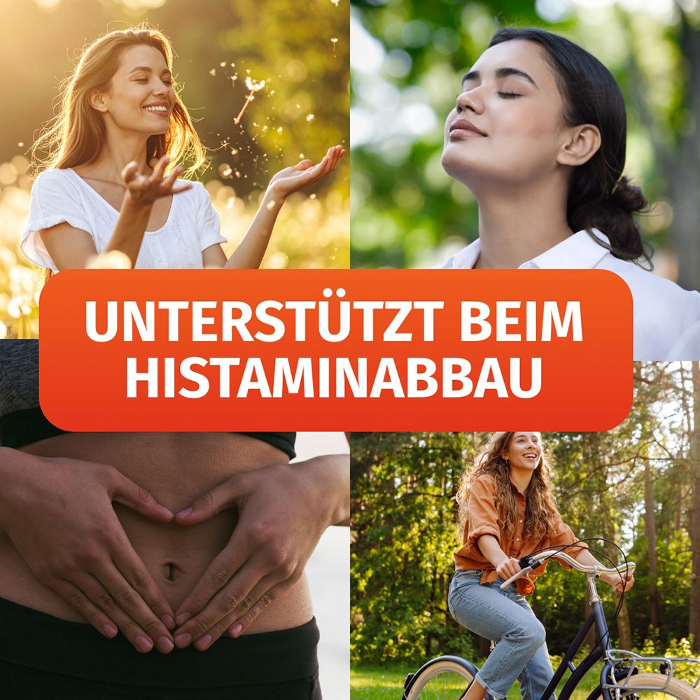Collage : femmes profitant de la nature, forme de cœur sur le ventre, vélo. Soutient le métabolisme de l'histamine.