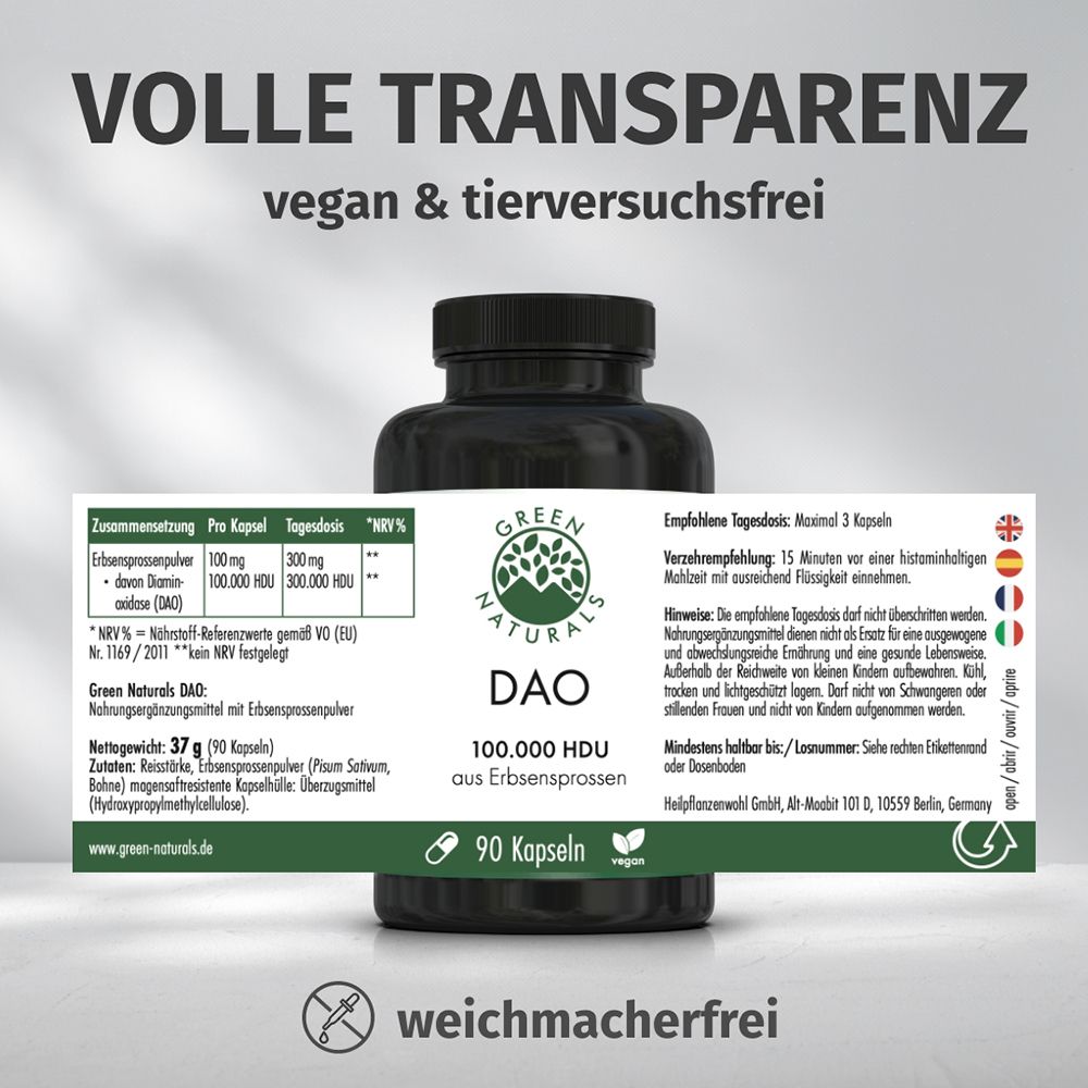 Bouteille DAO avec étiquette : "Transparence totale", "vegan & sans cruauté envers les animaux", "90 capsules".