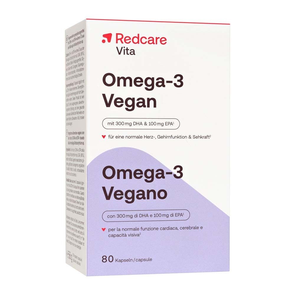 Boîte de Redcare Omega-3 Vegan. Inscription : Omega-3 Vegan, 80 gélules. Tons rouges et violets.