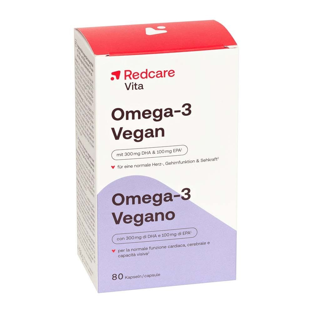 Boîte de Redcare Omega-3 Vegan. Inscription : Omega-3 Vegan, 80 gélules. Tons rouges et violets.
