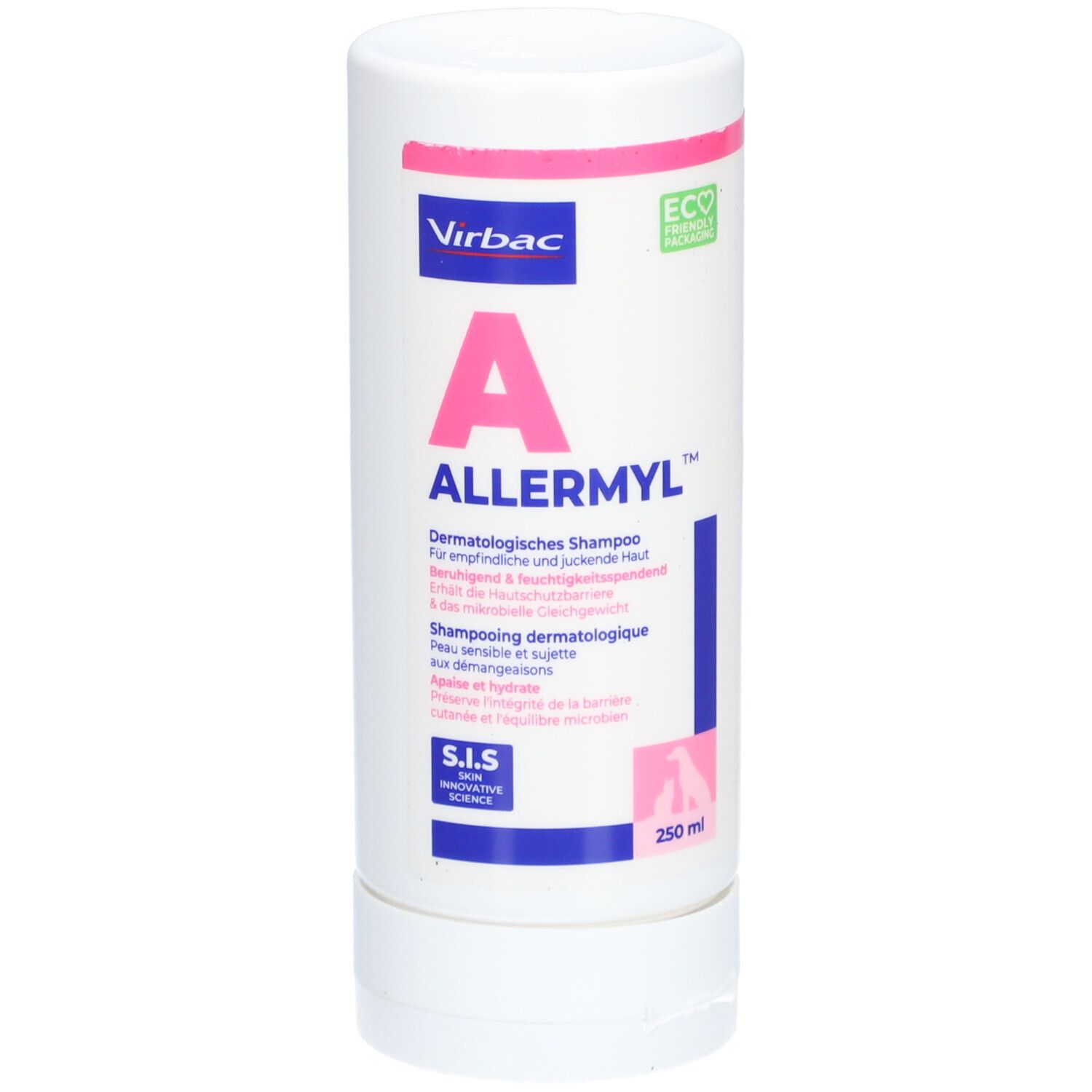 Flacon blanc avec texte rose et bleu. Contient "ALLERMYL" et "Shampooing dermatologique". Marque: Virbac. Logo Eco-Friendly.