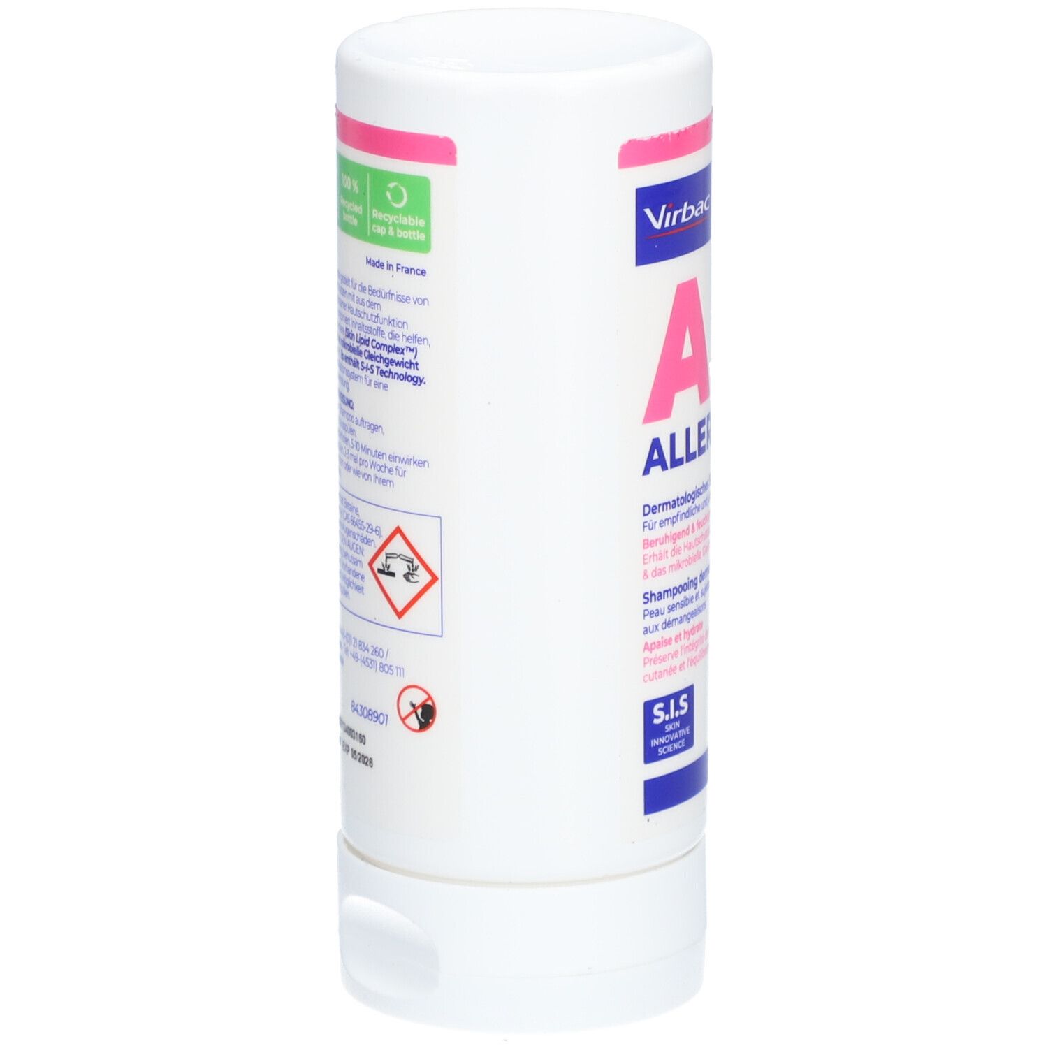 Flacon blanc avec texte rose et bleu. Contient "ALLERMYL" et "Shampooing dermatologique". Marque: Virbac. Dos avec texte et symboles.