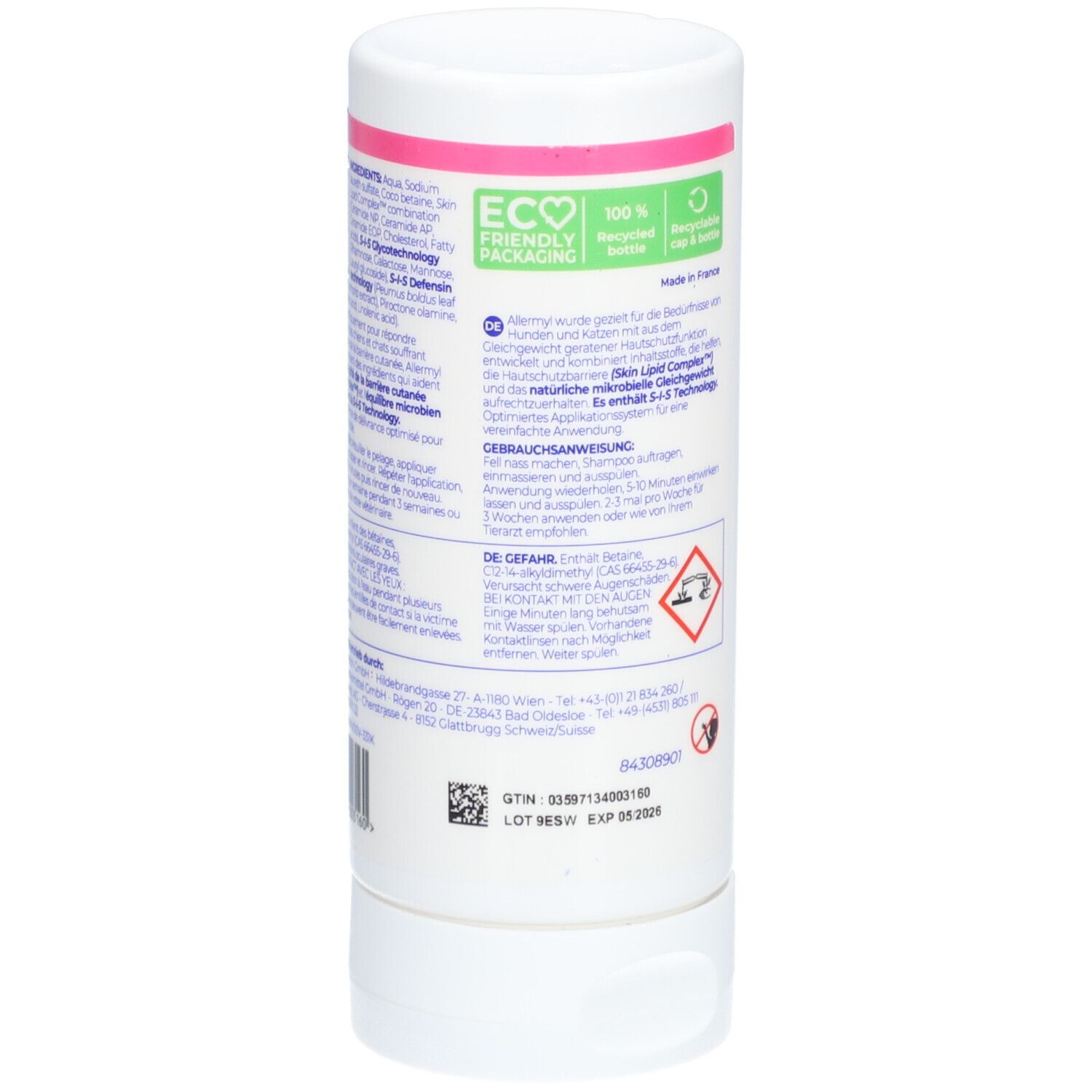 Flacon blanc avec texte et symboles. Contient des informations sur les ingrédients et l'utilisation. Logo Eco-Friendly et code QR.