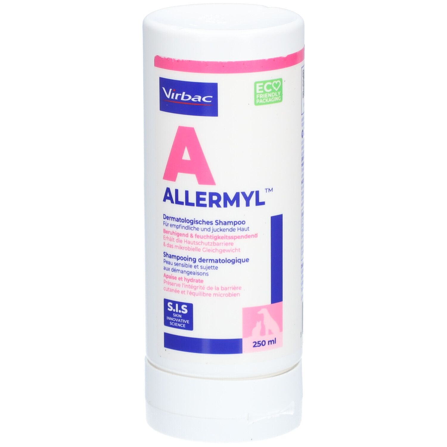 Flacon blanc avec texte rose et bleu. Contient "ALLERMYL" et "Shampooing dermatologique". Marque: Virbac. Code QR et indication de volume.